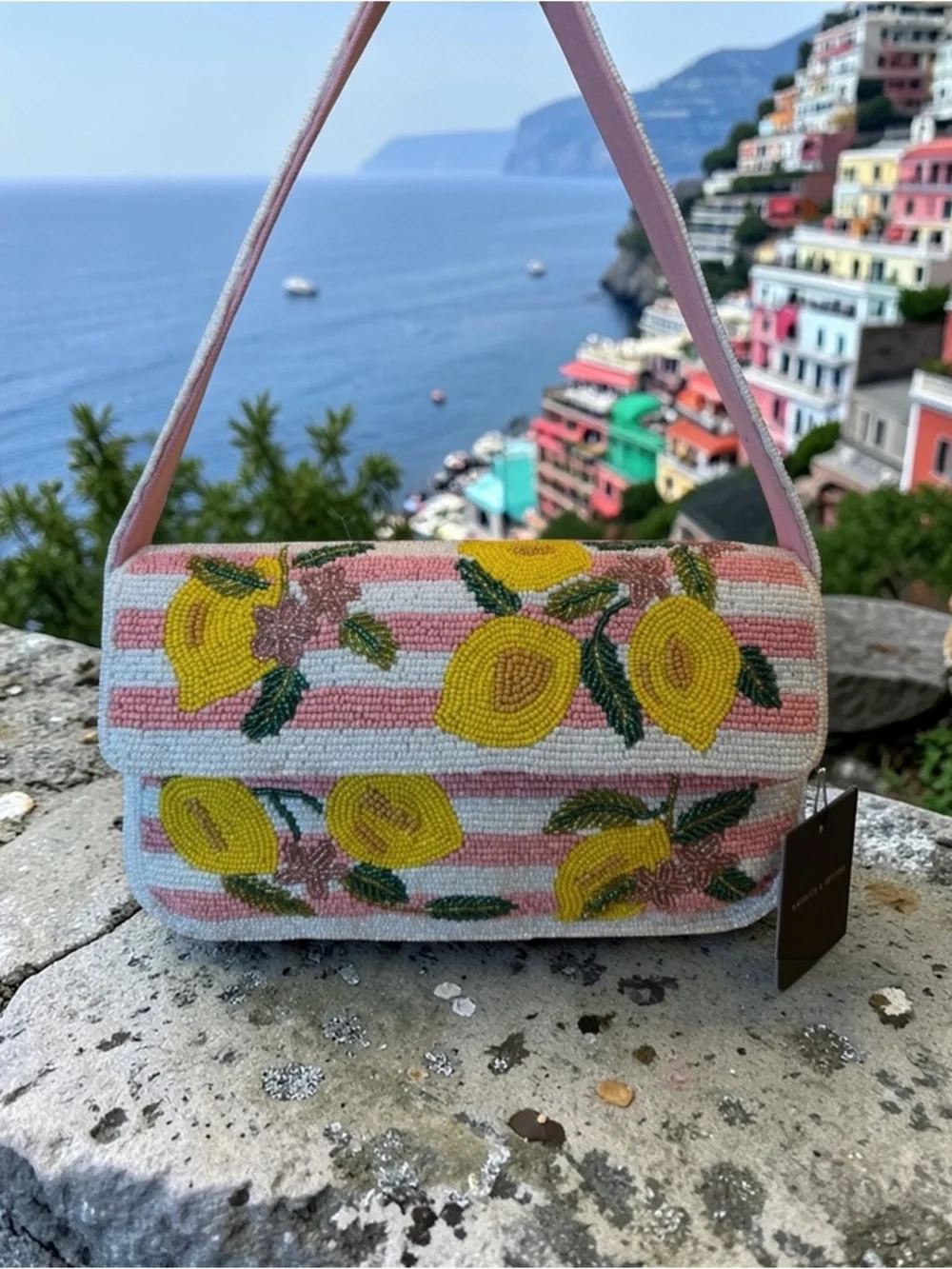 America & Beyond Beaded Lemon shoulder bag in Pink, Yellow & White - Picture 1 of 7